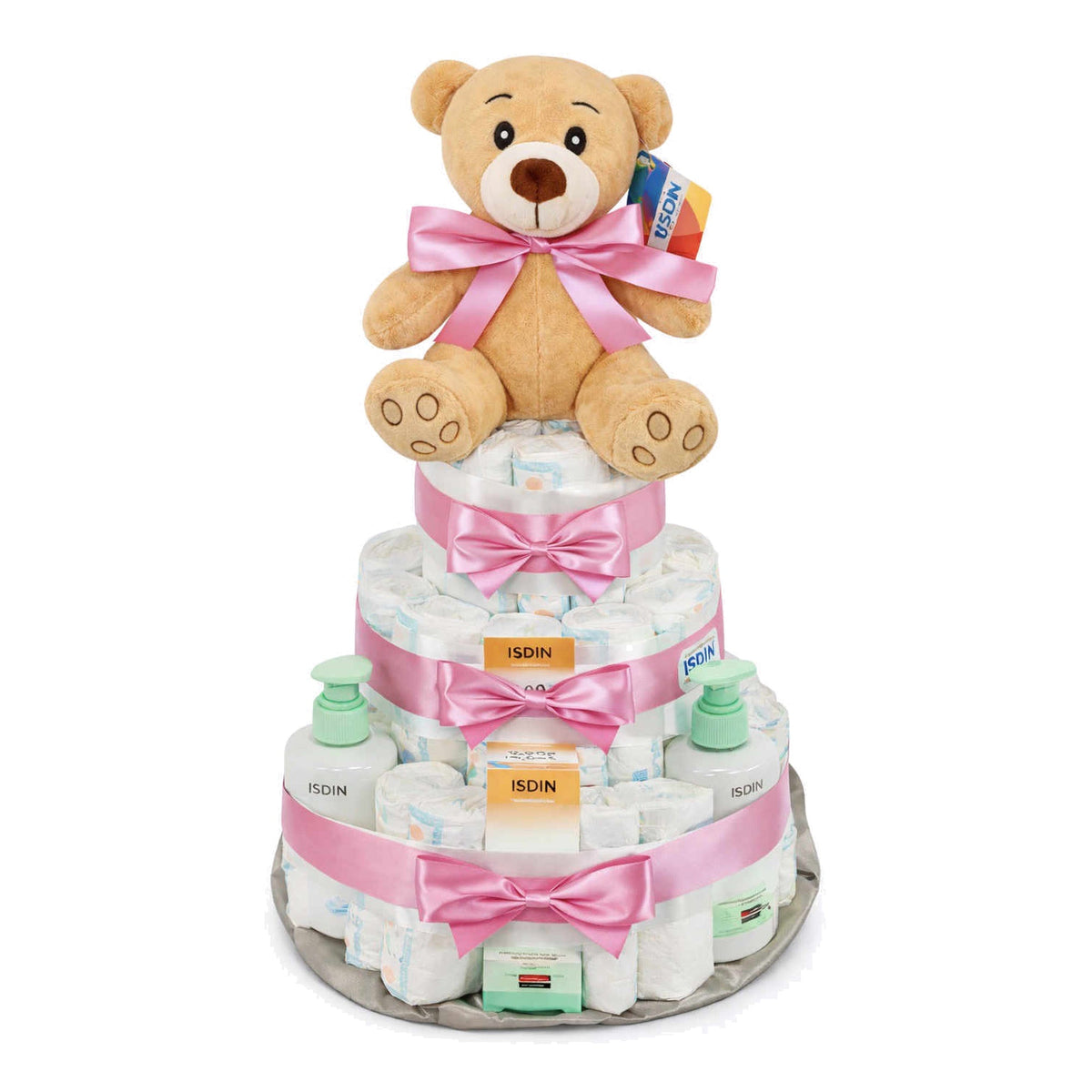 Tarta de pañales Isdin con lazo rosa - MomentosGourmet