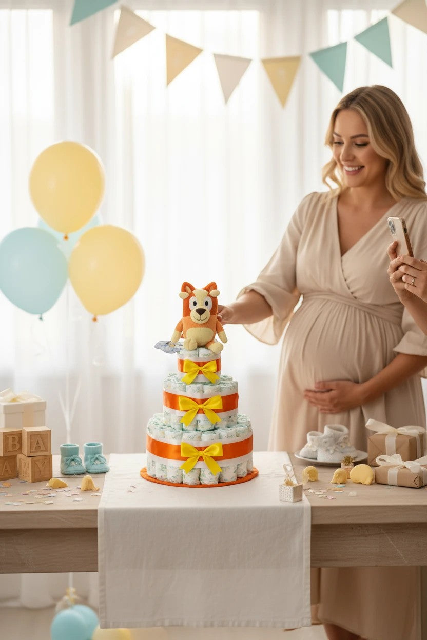 Tarta de pañales MomentosGourmet de tres pisos con peluche de Bingo, decorada con lazos amarillos y globos de fondo.