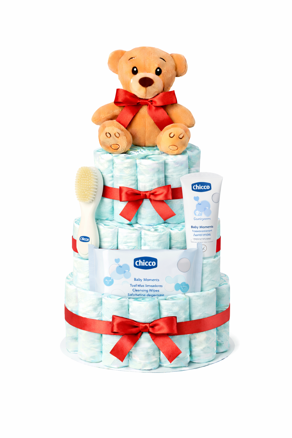 Tarta de pañales Chicco roja con accesorios - regalo bebé MomentosGourmet