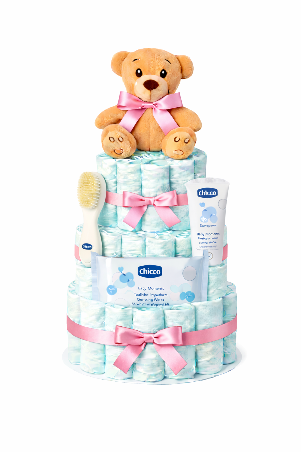 Tarta de pañales Chicco rosa con accesorios - regalo bebé niña MomentosGourmet