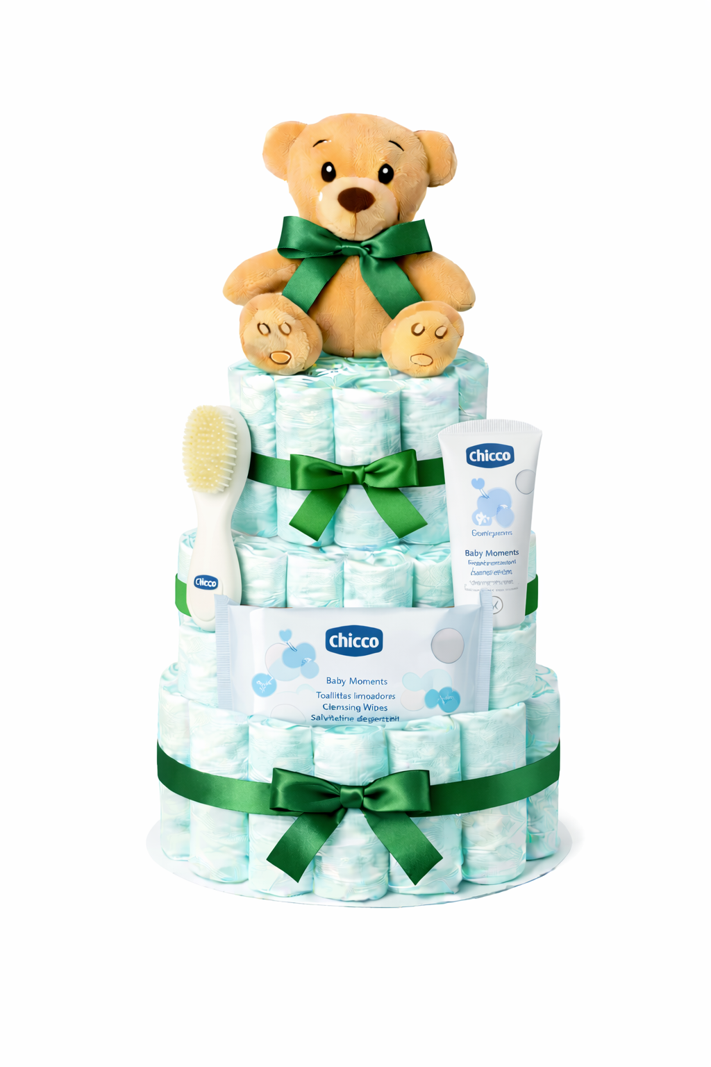 Tarta de pañales Chicco verde con accesorios - regalo bebé MomentosGourmet