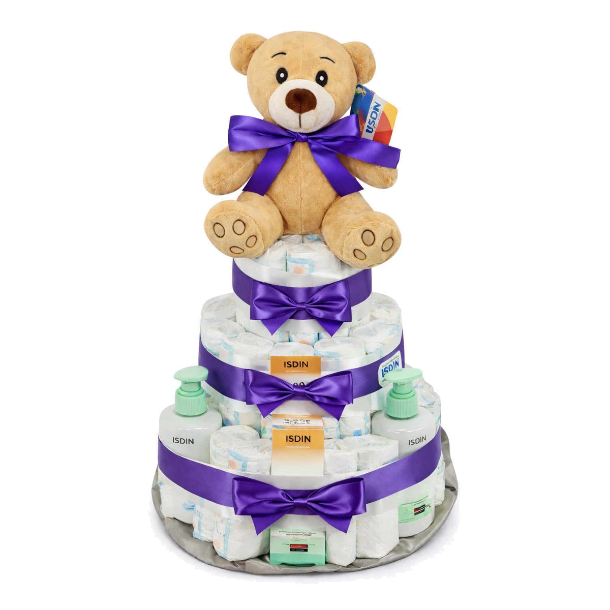 Tarta de pañales Isdin con lazo morado - MomentosGourmet