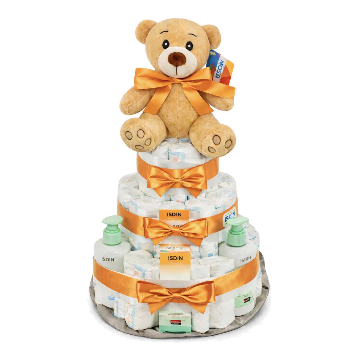 Tarta de pañales Isdin con lazo naranja - MomentosGourmet
