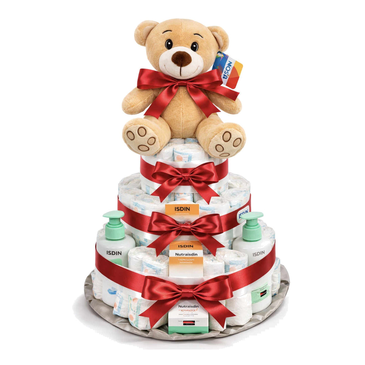 Tarta de pañales Isdin con lazo rojo - MomentosGourmet