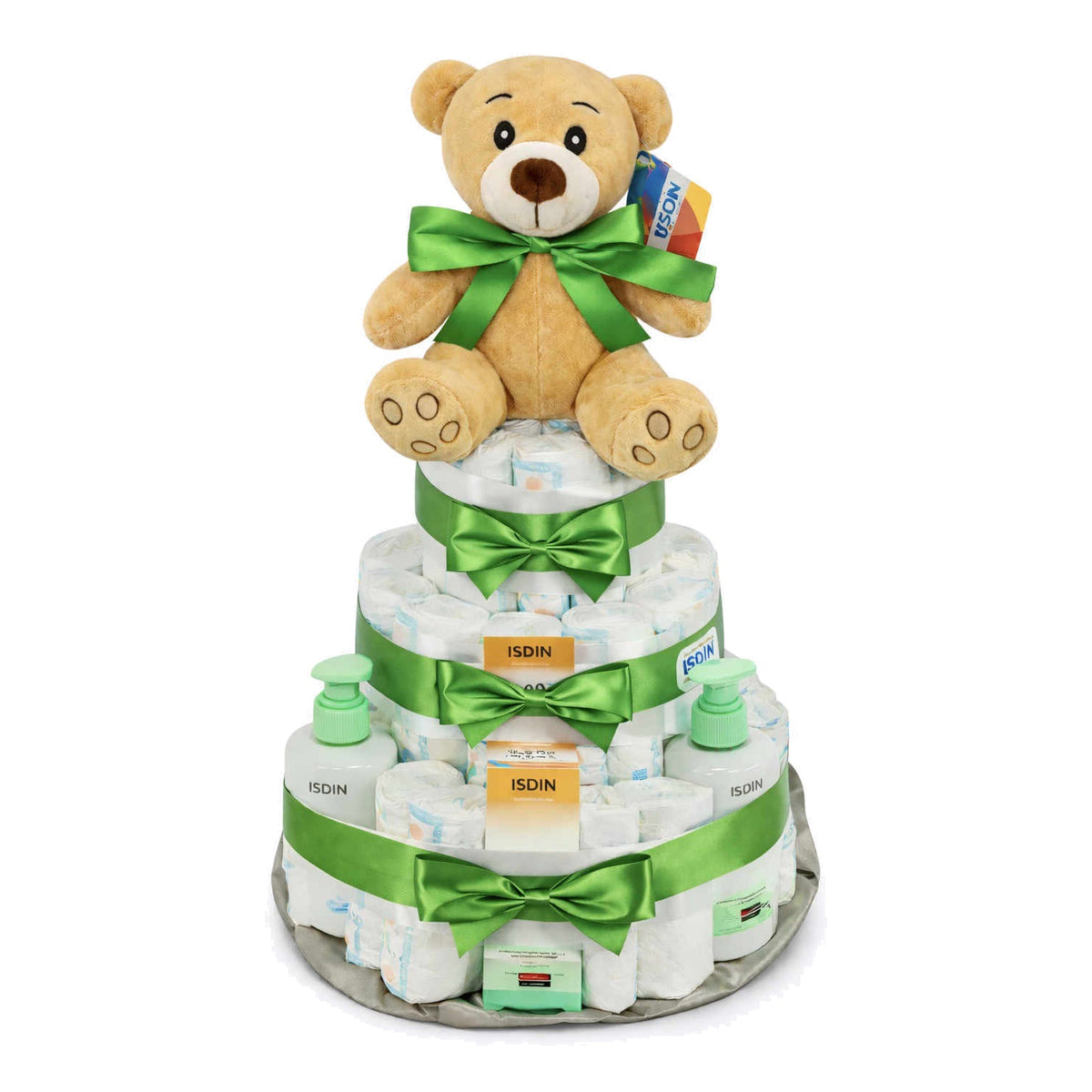 Tarta de pañales Isdin con lazo verde - MomentosGourmet