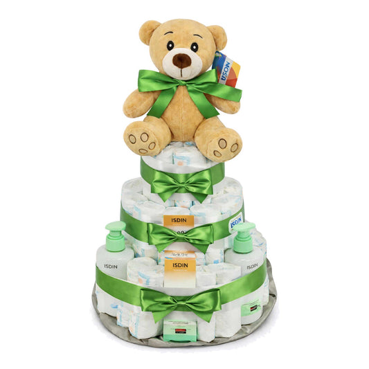 Tarta de pañales Isdin con lazo verde - MomentosGourmet