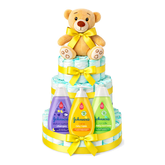 Tarta de pañales Johnson con lazo amarillo - MomentosGourmet