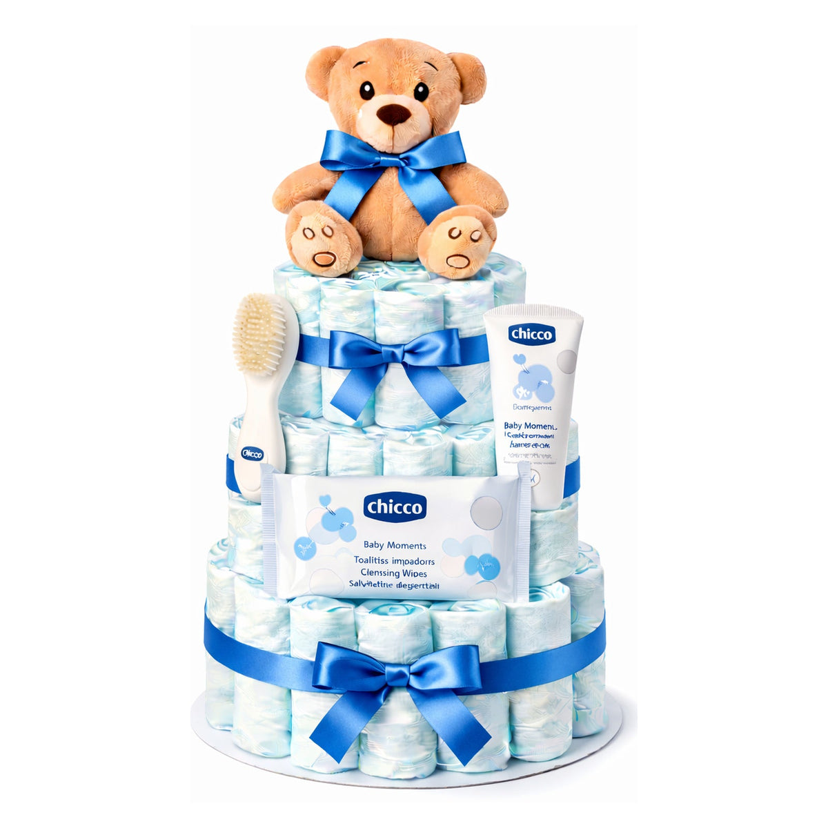 Fotografía de tarta de pañales Chicco azul