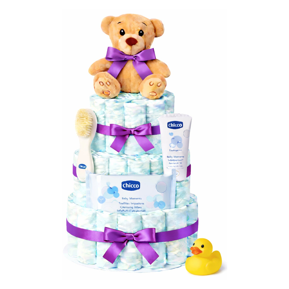 Fotografía de tarta de pañales Chicco patito morado