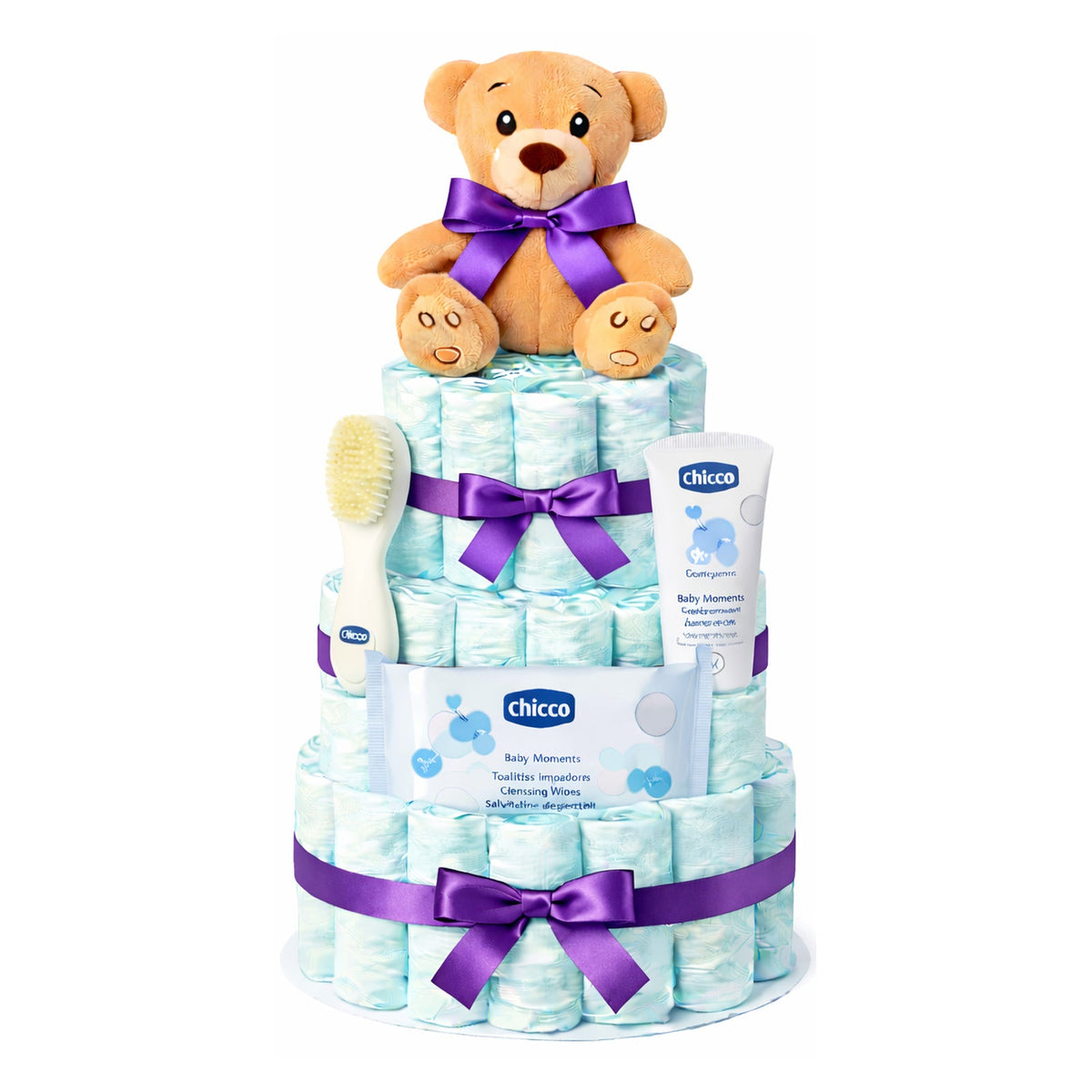 Fotografía de tarta de pañales Chicco morado