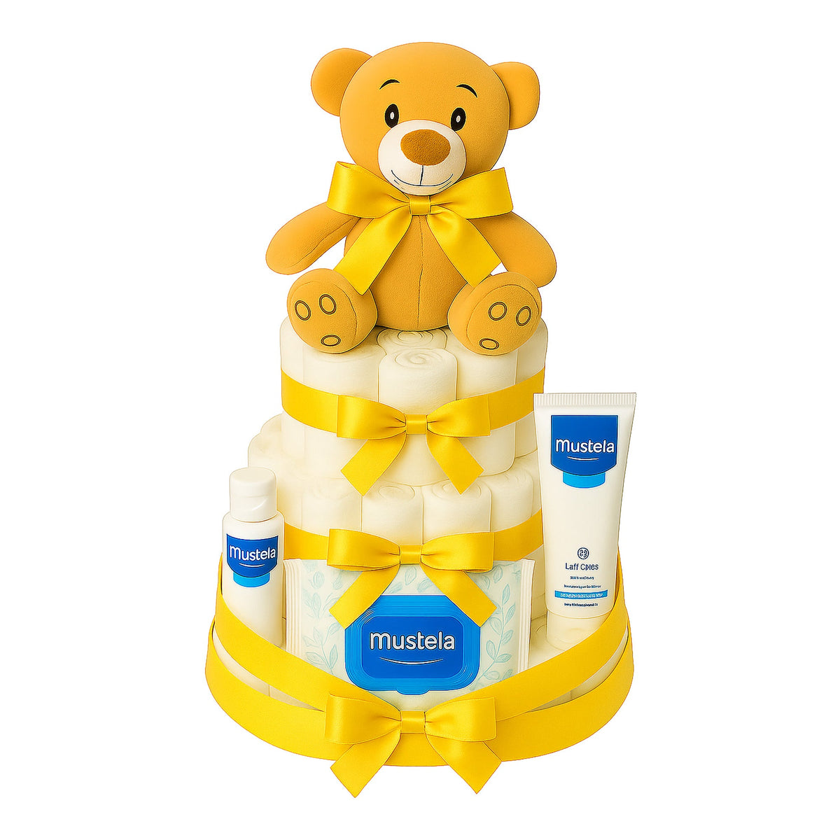 Tarta de pañales Mustela con lazo amarillo - MomentosGourmet