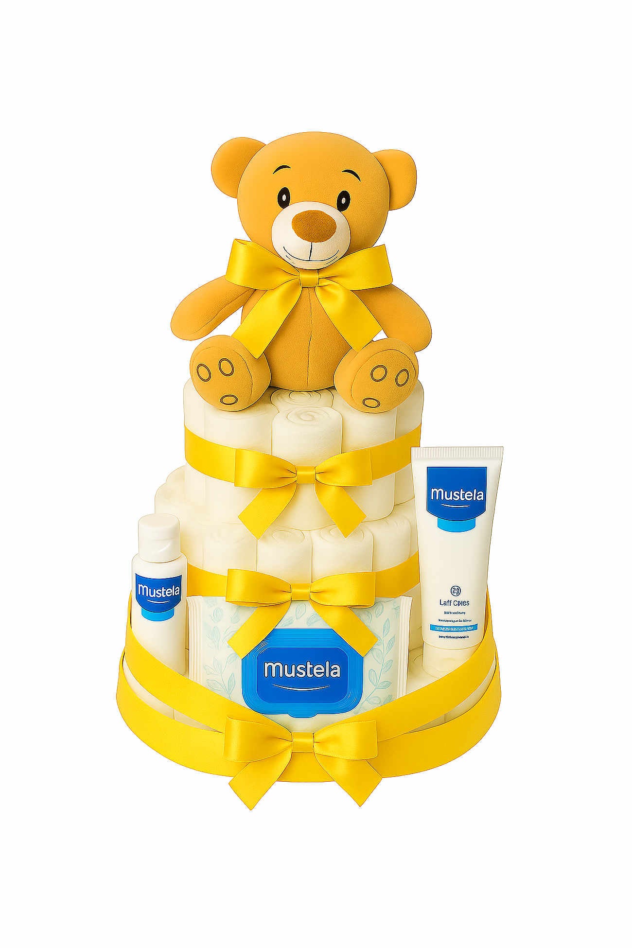 Tarta de pañales Mustela amarilla con peluche - regalo bebé recién nacido MomentosGourmet
