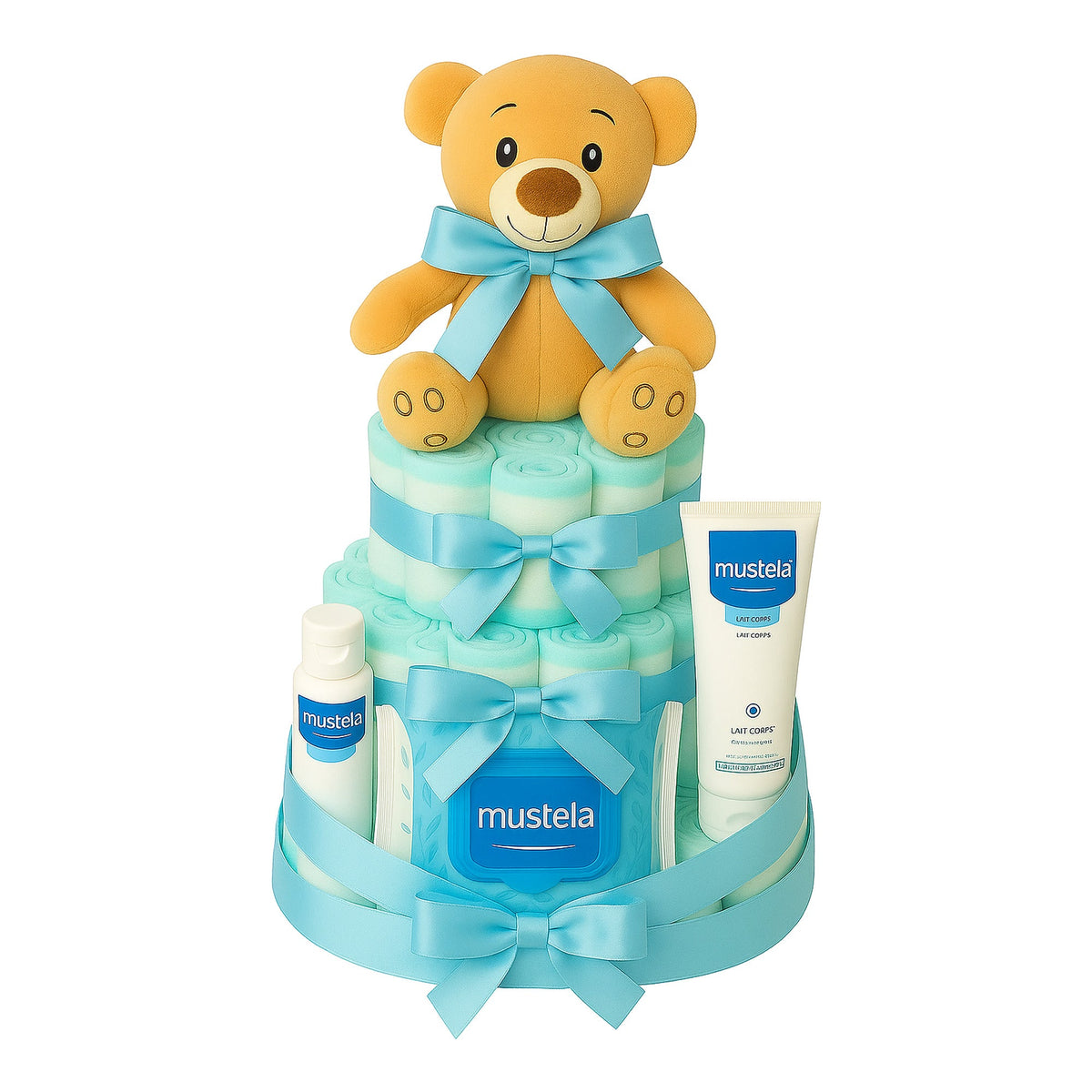 Tarta de pañales Mustela con lazo azul - MomentosGourmet