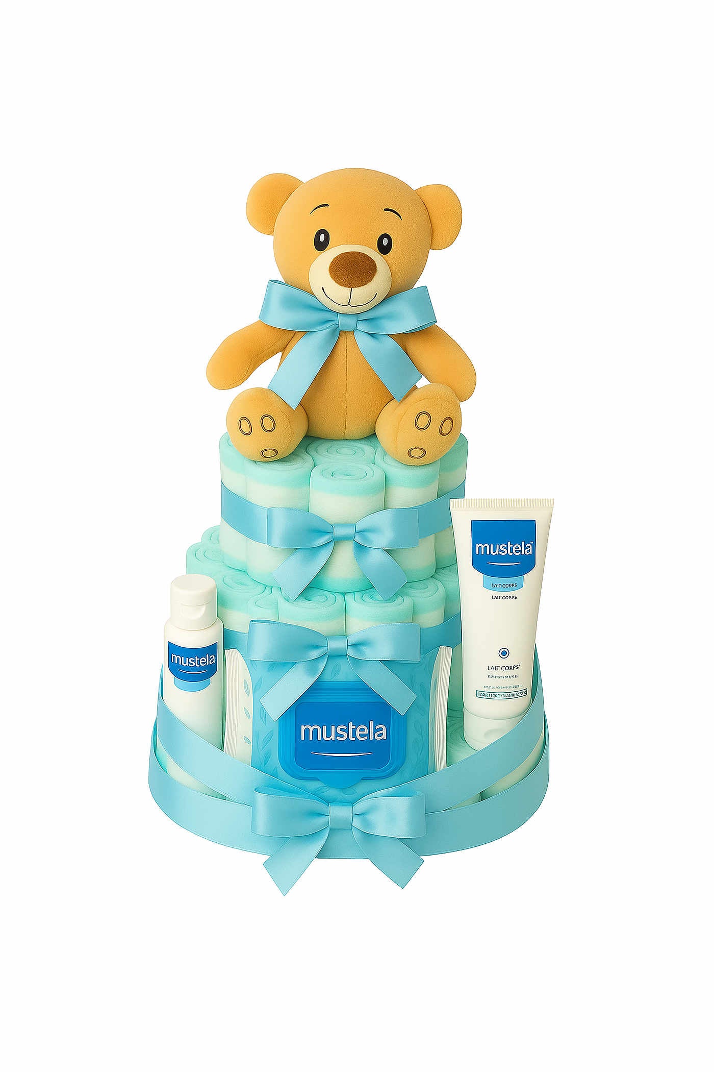 Tarta de pañales Mustela azul con peluche - regalo bebé recién nacido MomentosGourmet