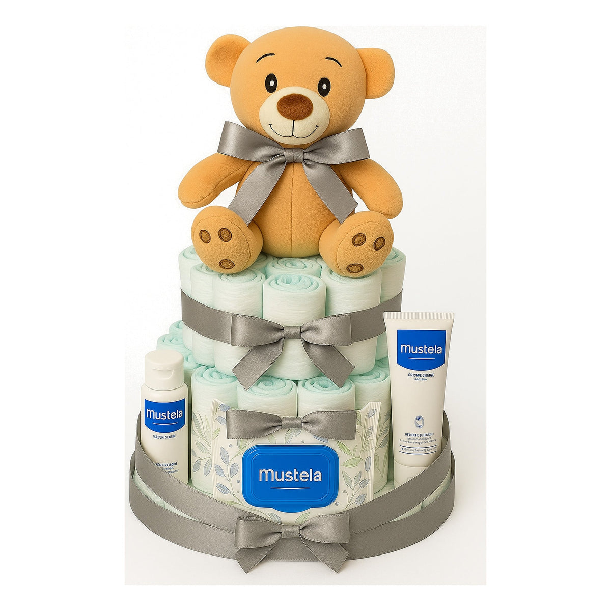 Tarta de pañales Mustela con lazo gris - MomentosGourmet