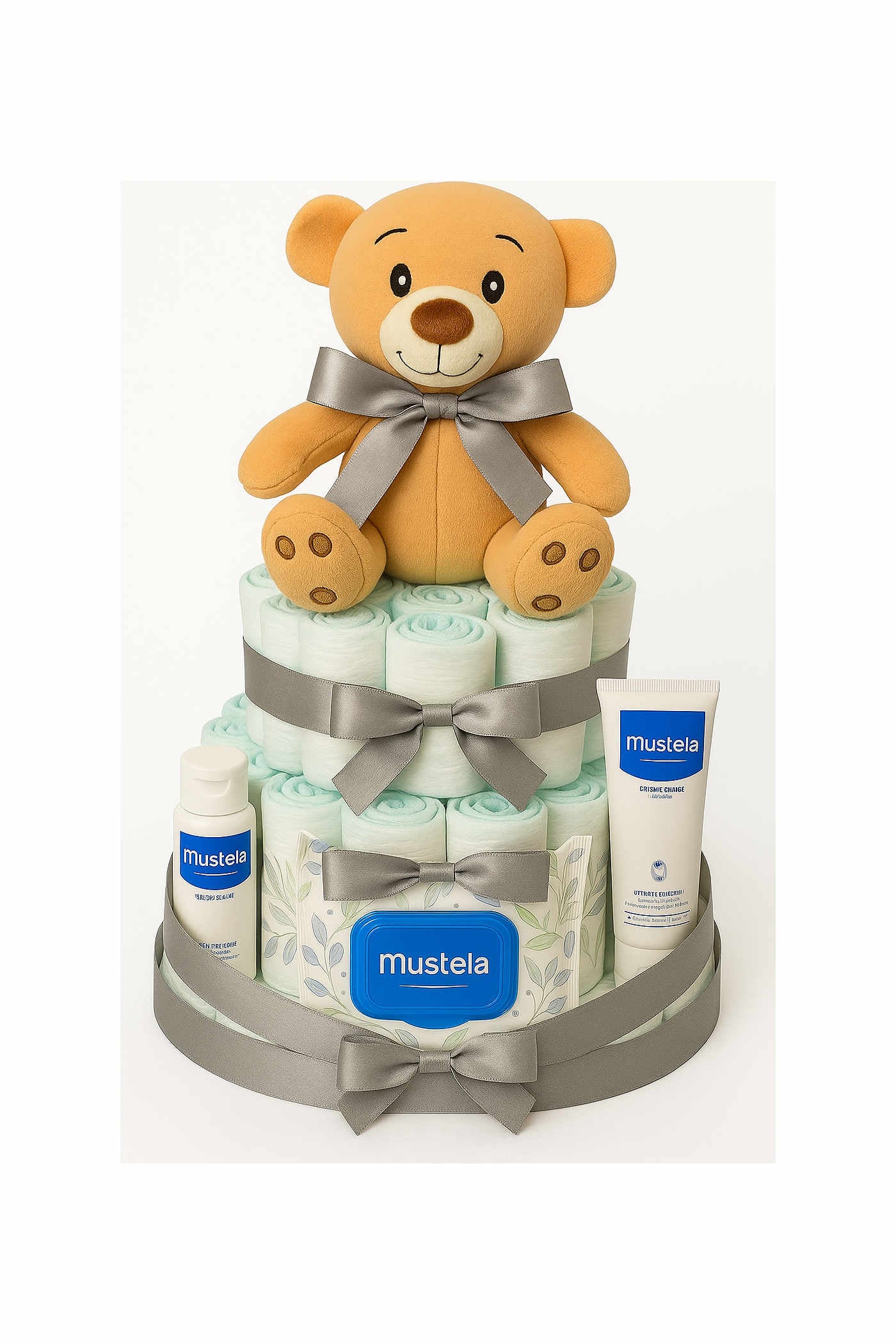 Tarta de pañales Mustela gris con peluche - regalo bebé recién nacido MomentosGourmet