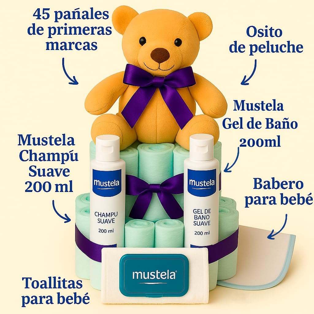 Tarta de pañales Mustela morada detalle lazo - MomentosGourmet