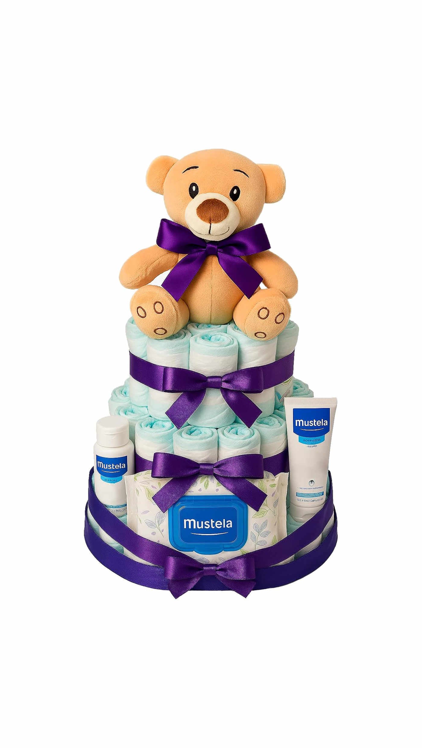 Tarta de pañales Mustela morada con peluche - regalo bebé recién nacido MomentosGourmet