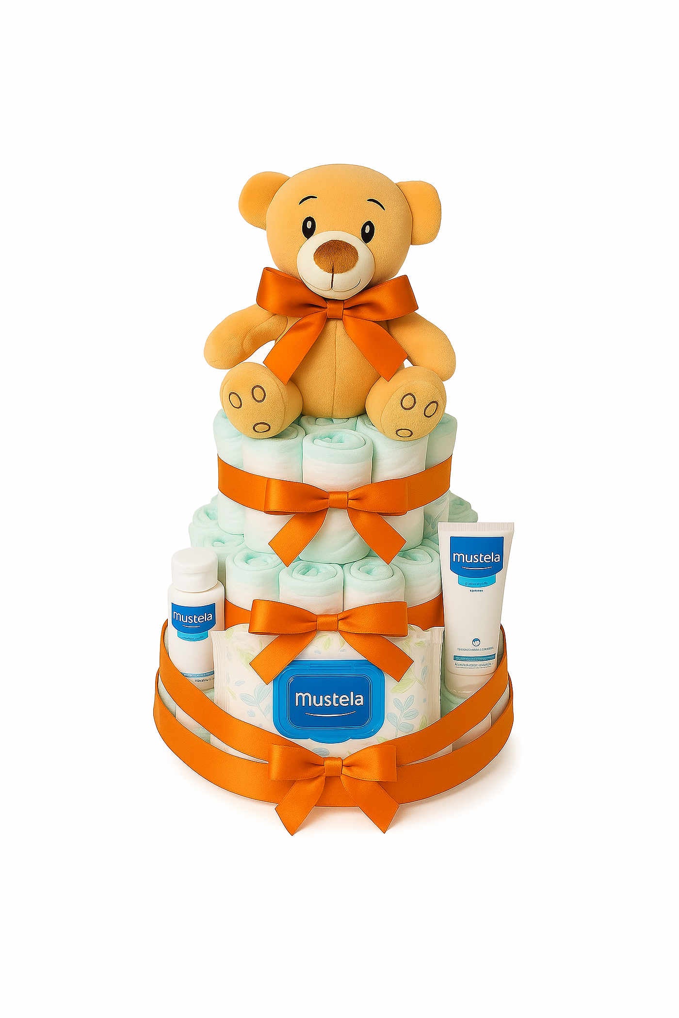 Tarta de pañales Mustela naranja con peluche - regalo bebé recién nacido MomentosGourmet