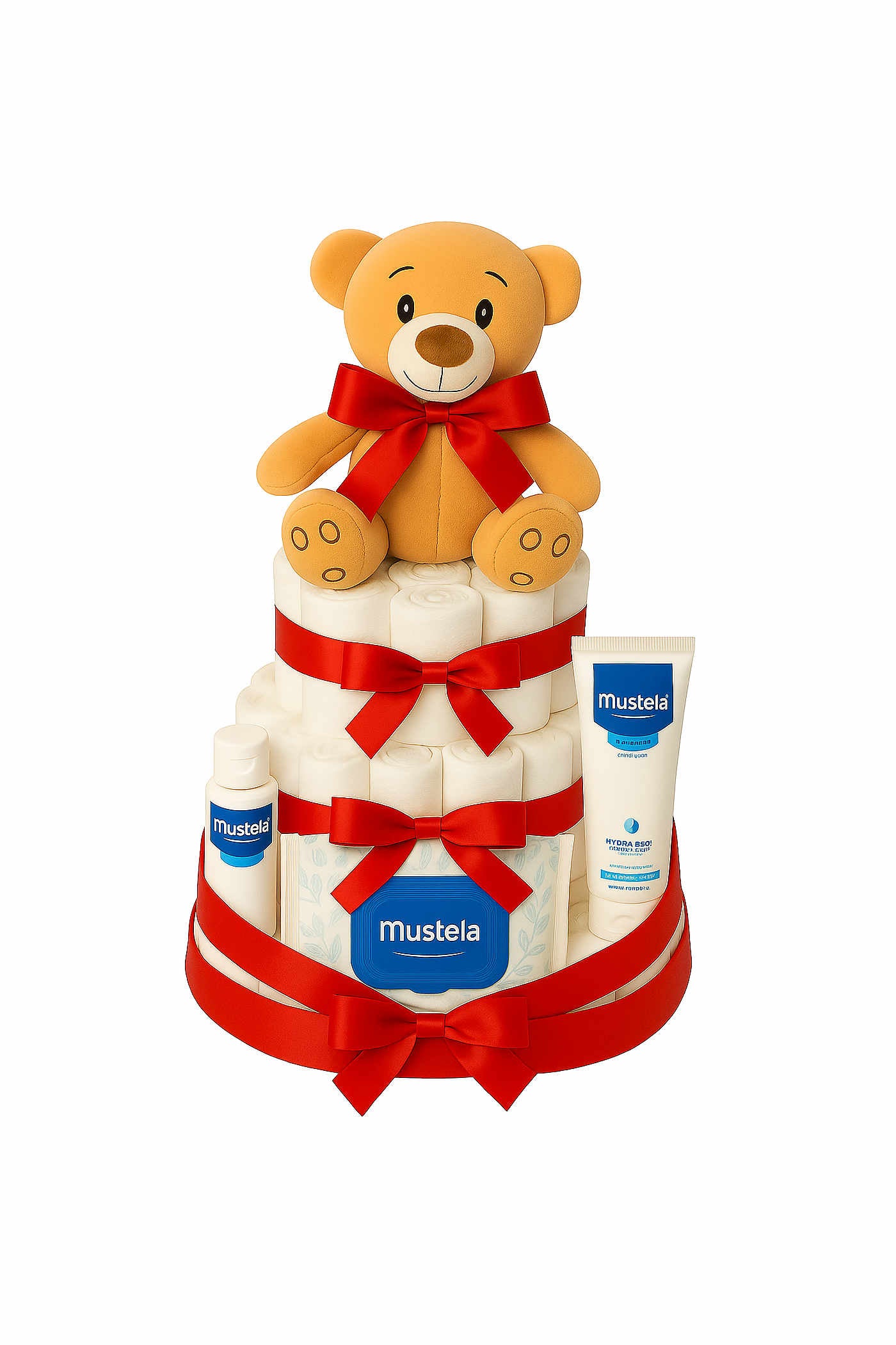 Tarta de pañales Mustela roja con peluche - regalo bebé recién nacido MomentosGourmet