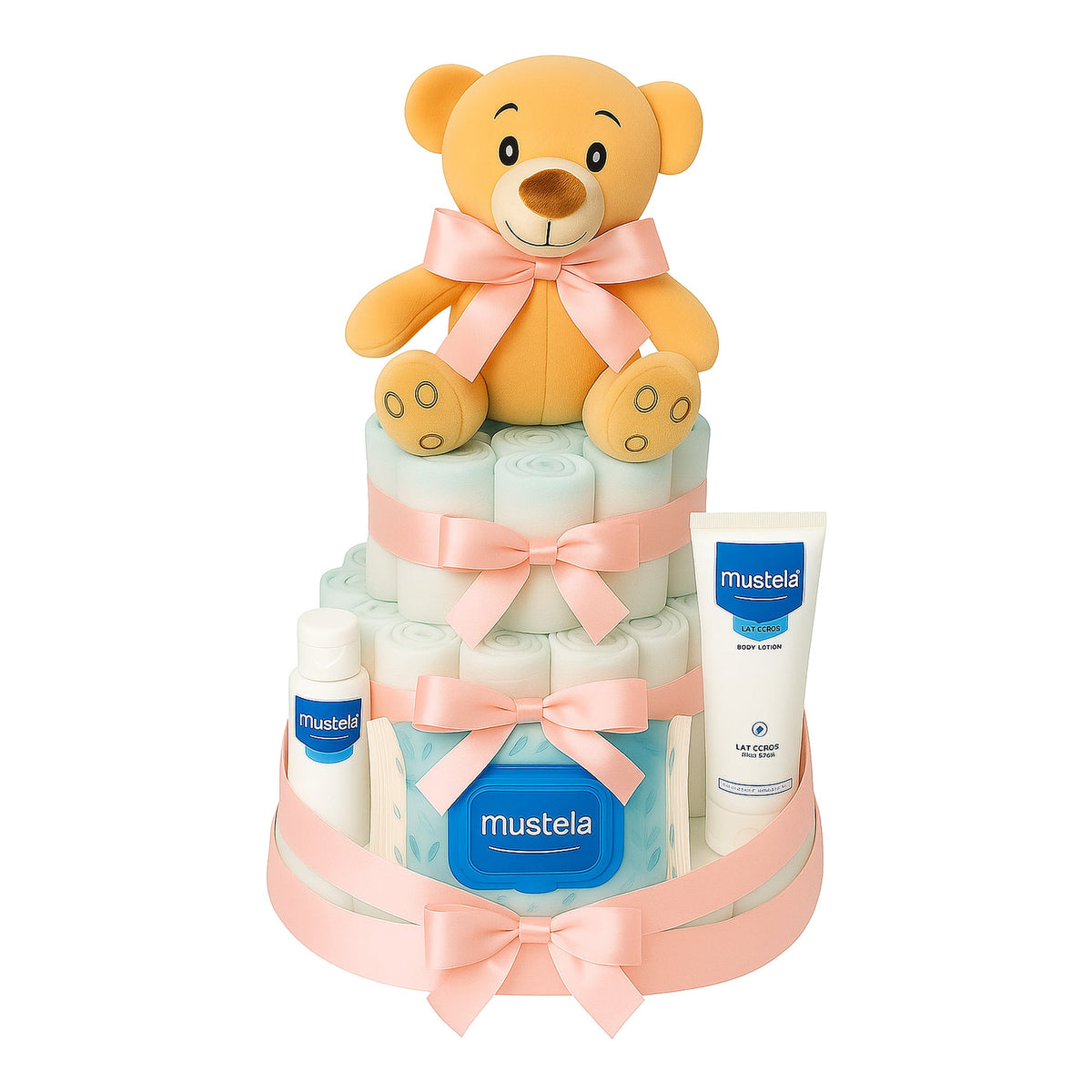 Tarta de pañales Mustela con lazo rosa - MomentosGourmet