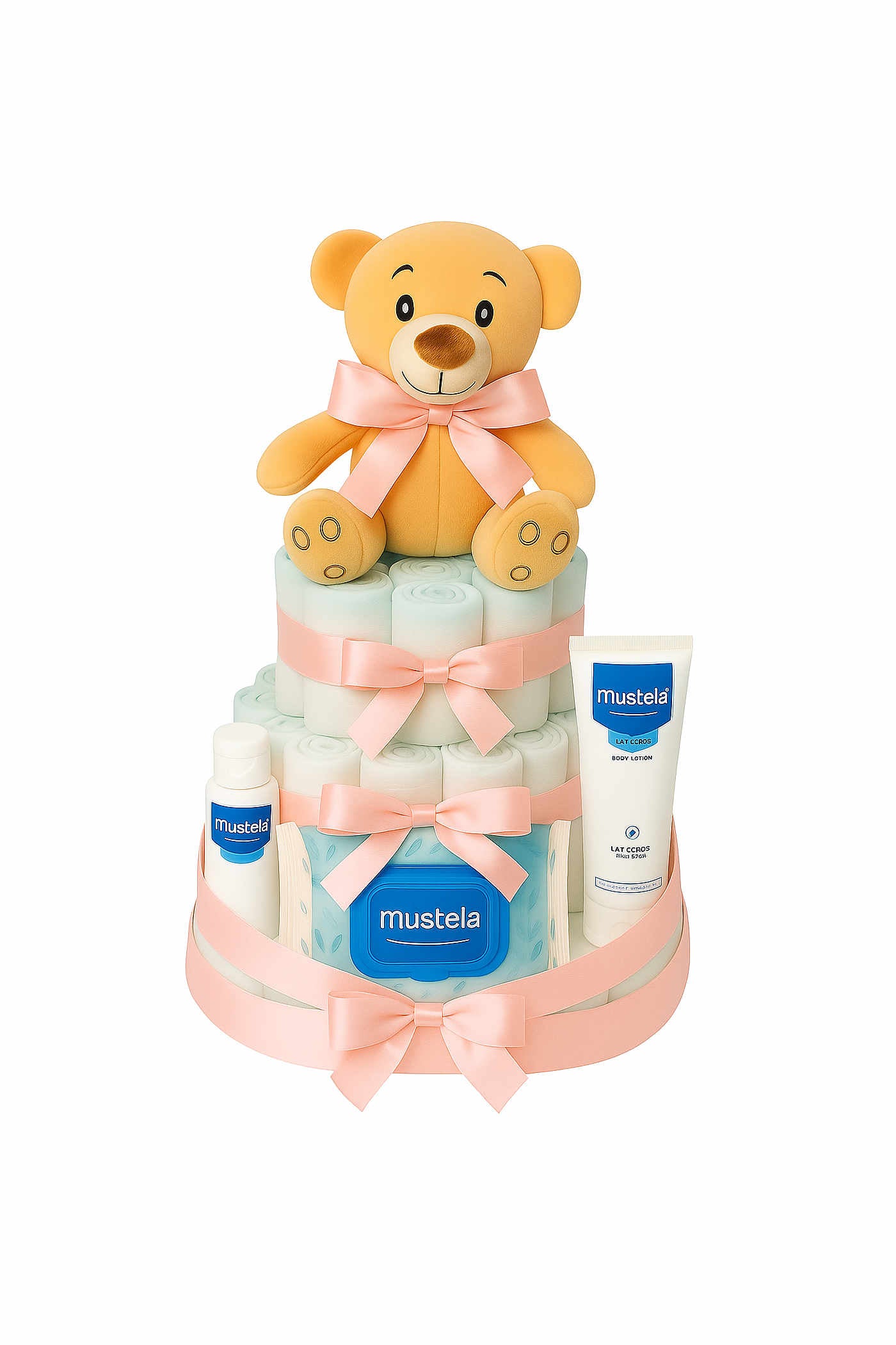 Tarta de pañales Mustela rosa con peluche - regalo bebé recién nacido MomentosGourmet