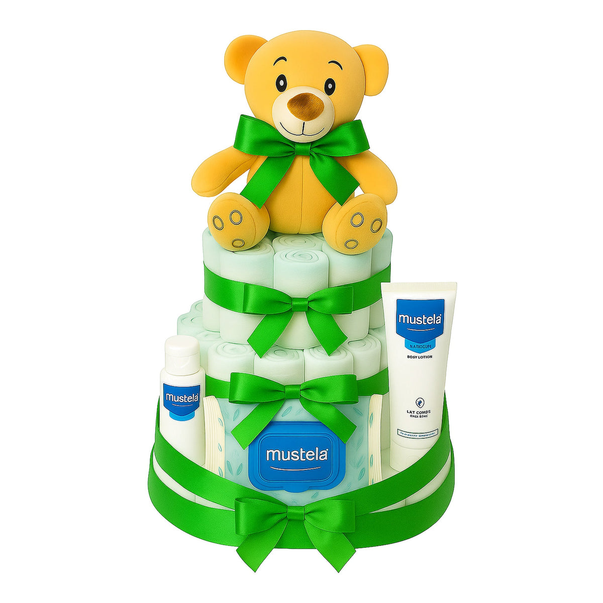 Tarta de pañales Mustela con lazo verde - MomentosGourmet
