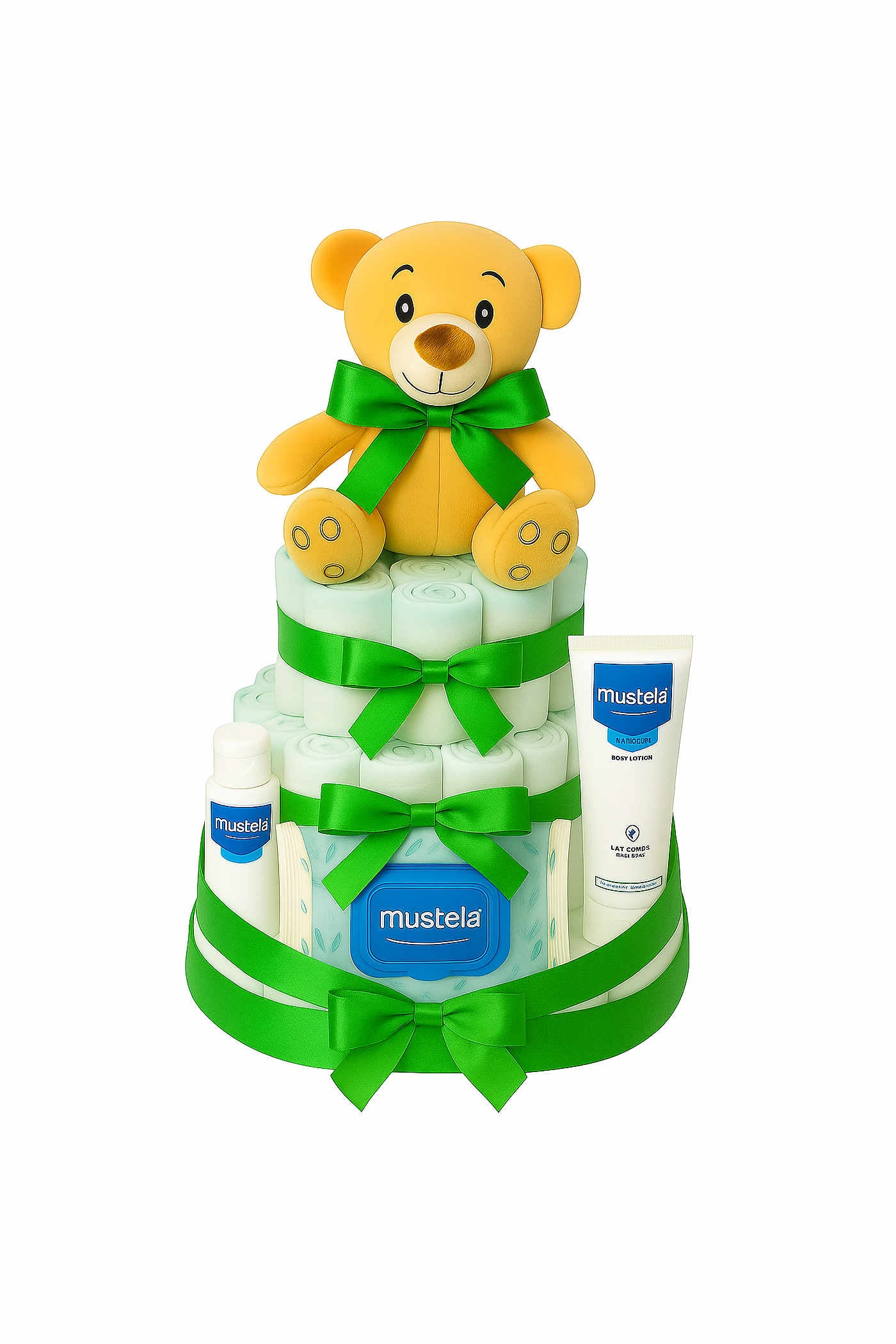Tarta de pañales Mustela verde con peluche - regalo bebé recién nacido MomentosGourmet