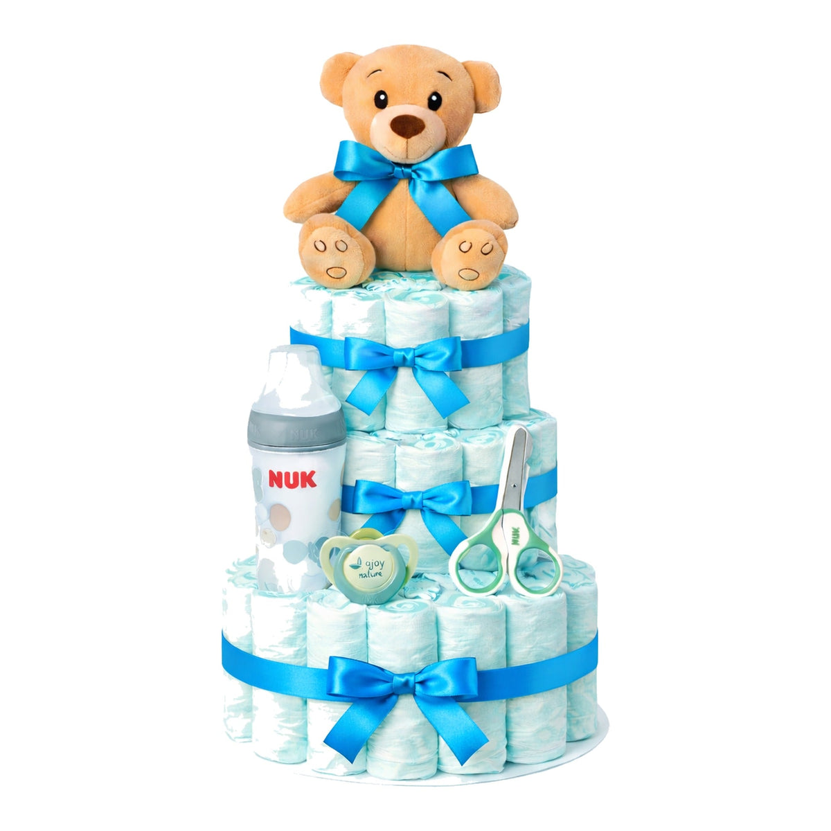 Tarta de pañales NUK con lazo azul, fondo blanco - MomentosGourmet