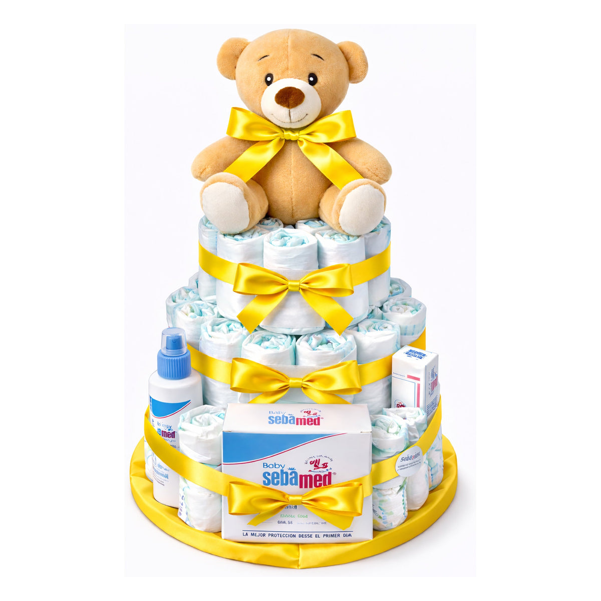 Tarta de pañales Sebamed, lazo amarillo