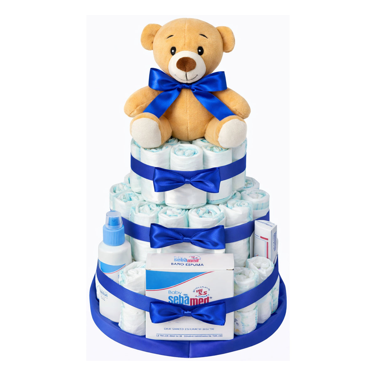 Tarta de pañales Sebamed, lazo azul