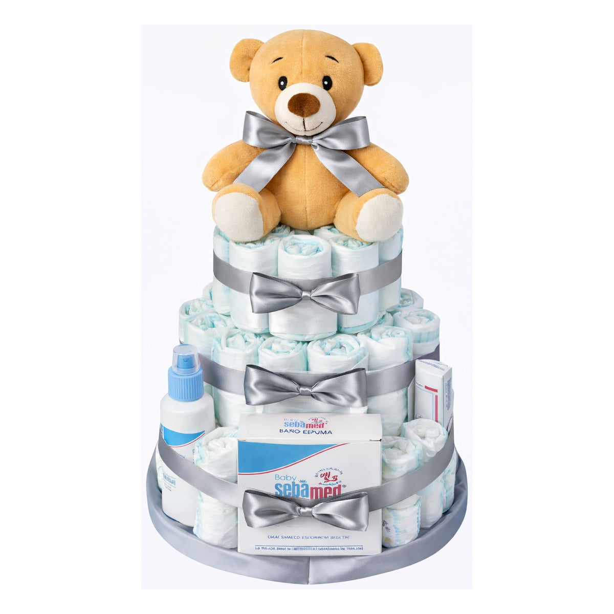 Tarta de pañales Sebamed, lazo gris