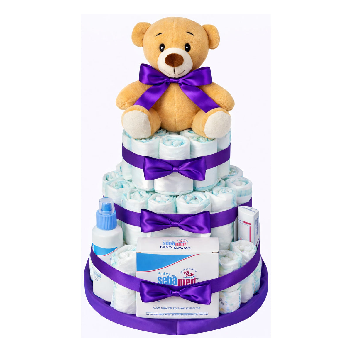Tarta de pañales Sebamed, lazo morado
