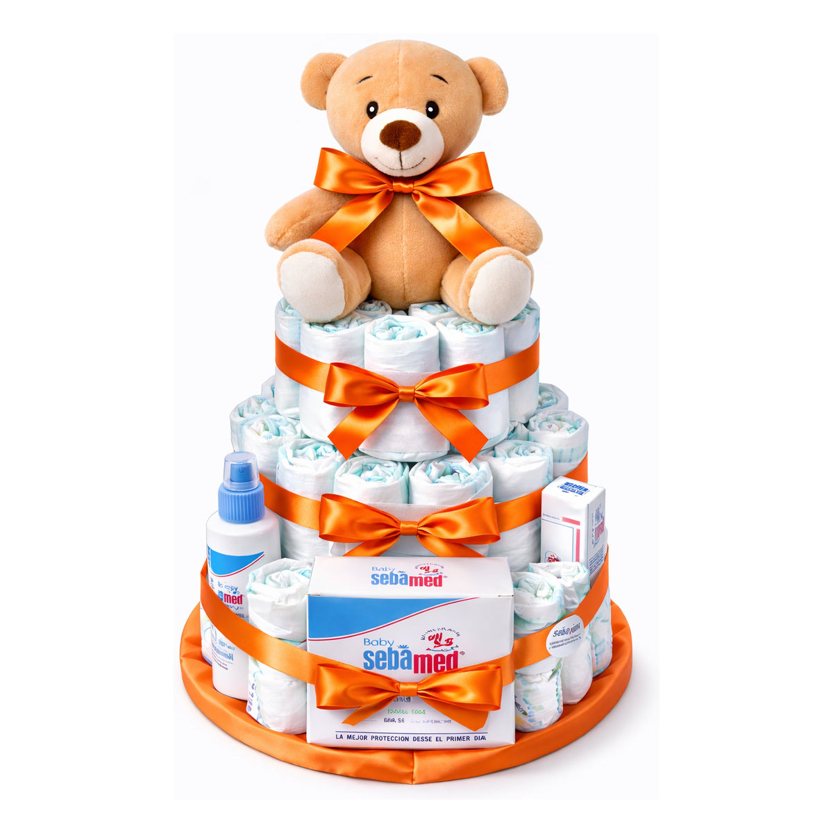 Tarta de pañales Sebamed, lazo naranja