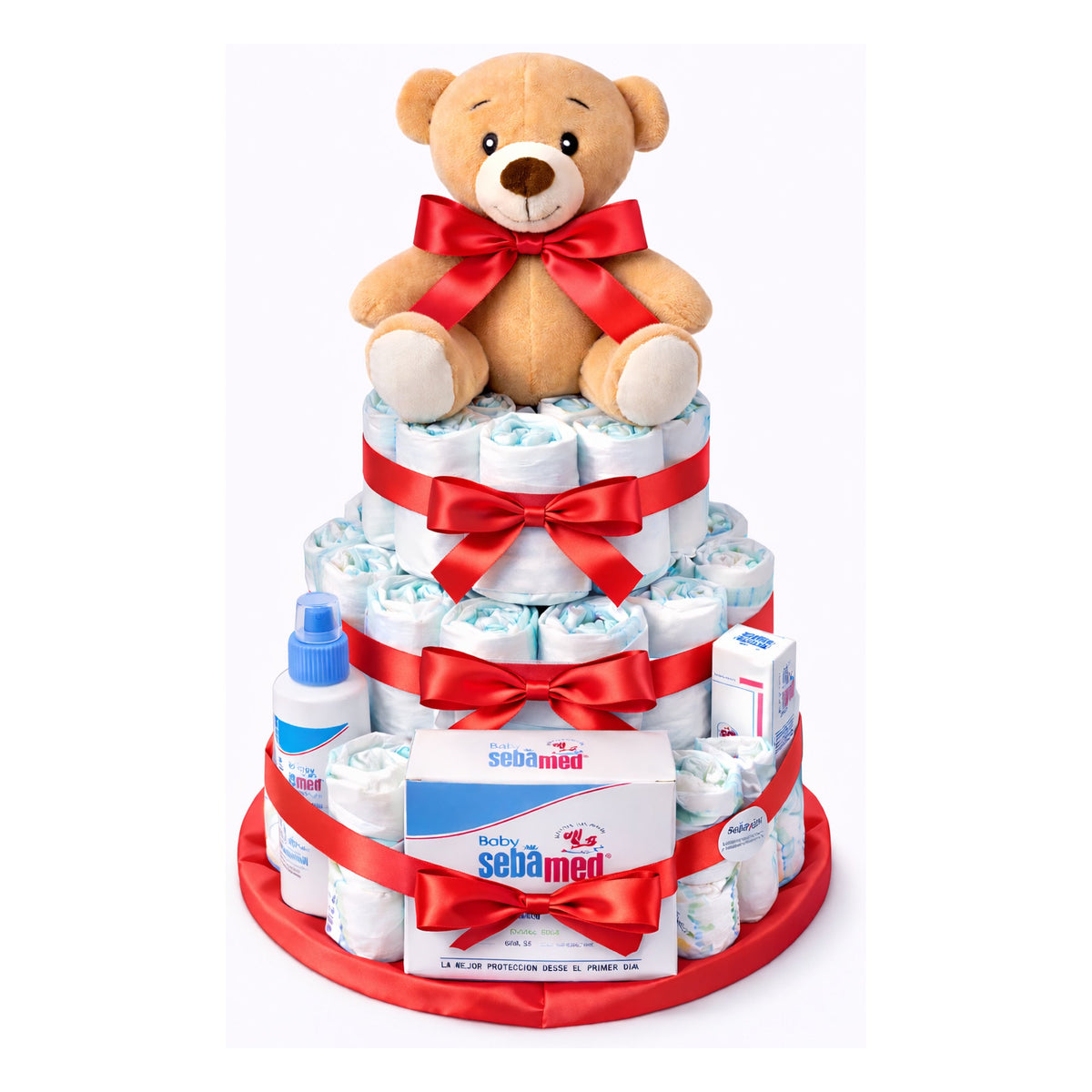 Tarta de pañales Sebamed, lazo rojo