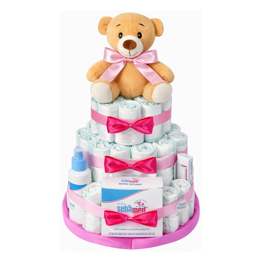 Tarta de pañales Sebamed, lazo rosa