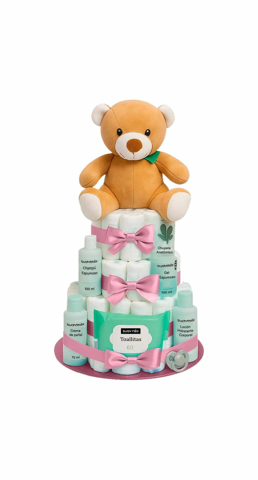 Tarta de pañales Suavinex rosa - regalo bebé niña recién nacido MomentosGourmet