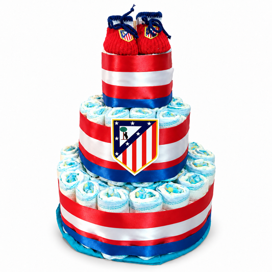 Tarta de pañales Atlético de Madrid de tres pisos con patucos y escudo