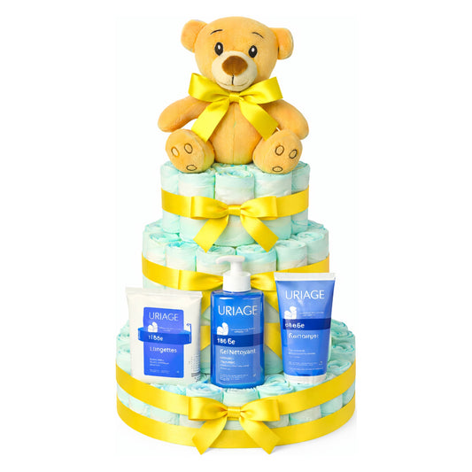 Tarta de pañales Uriage lazo amarillo MomentosGourmet