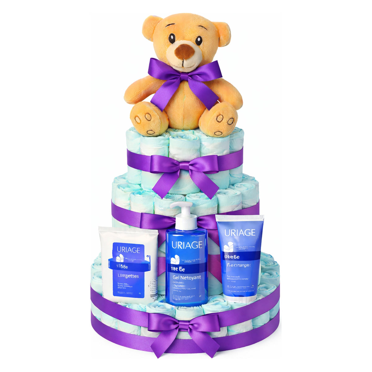 Tarta de pañales Uriage lazo morado MomentosGourmet