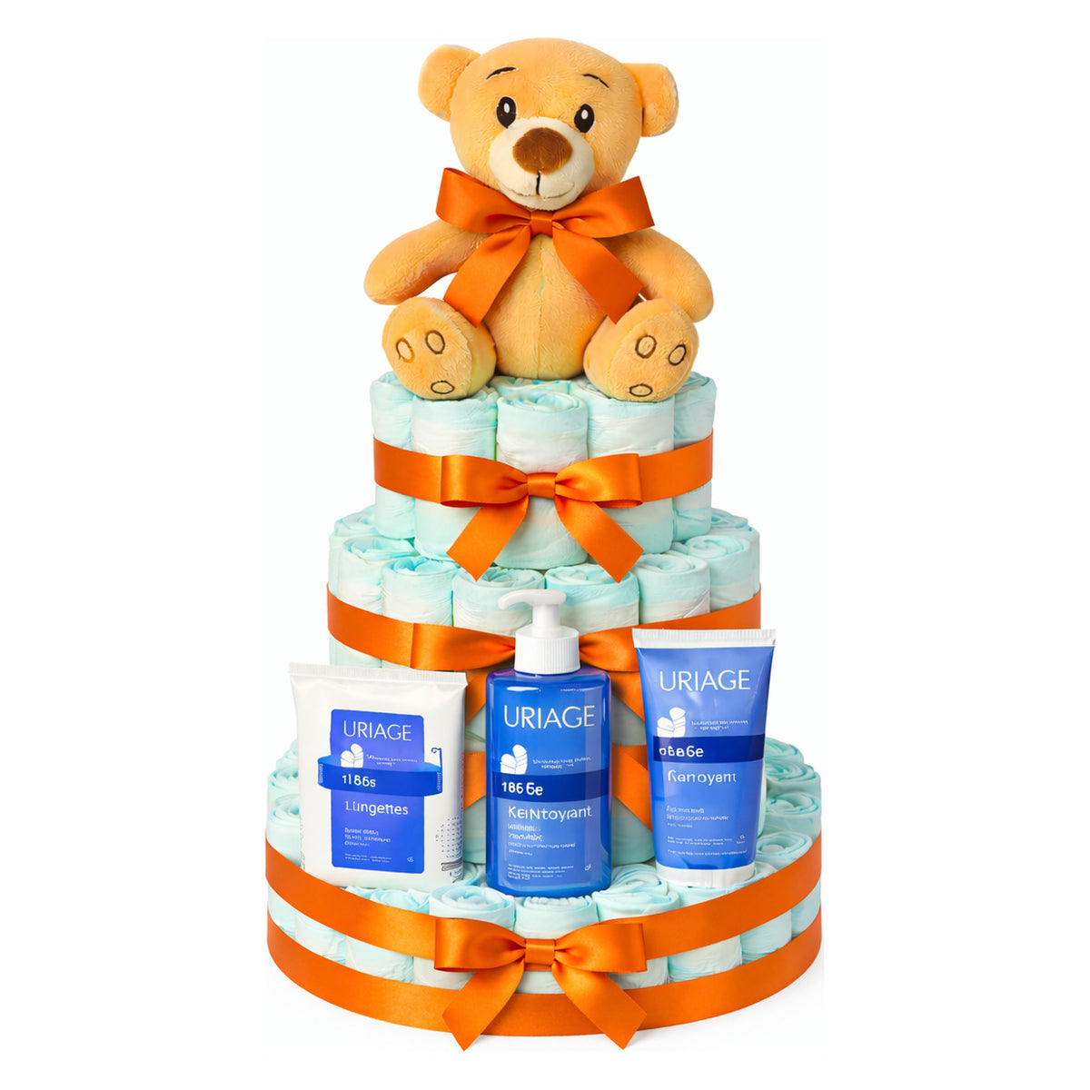 Tarta de pañales Uriage lazo naranja MomentosGourmet