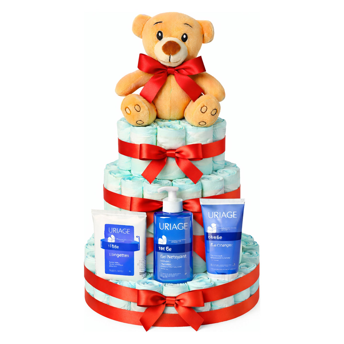Tarta de pañales Uriage lazo rojo MomentosGourmet