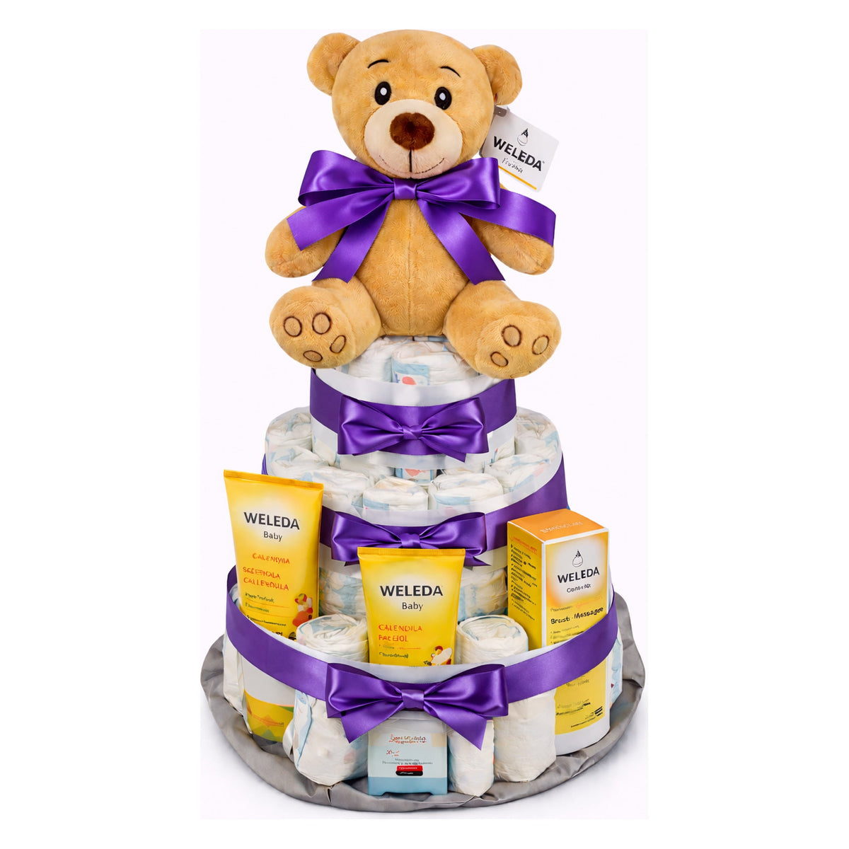 Tarta de pañales Weleda lazo morado MomentosGourmet