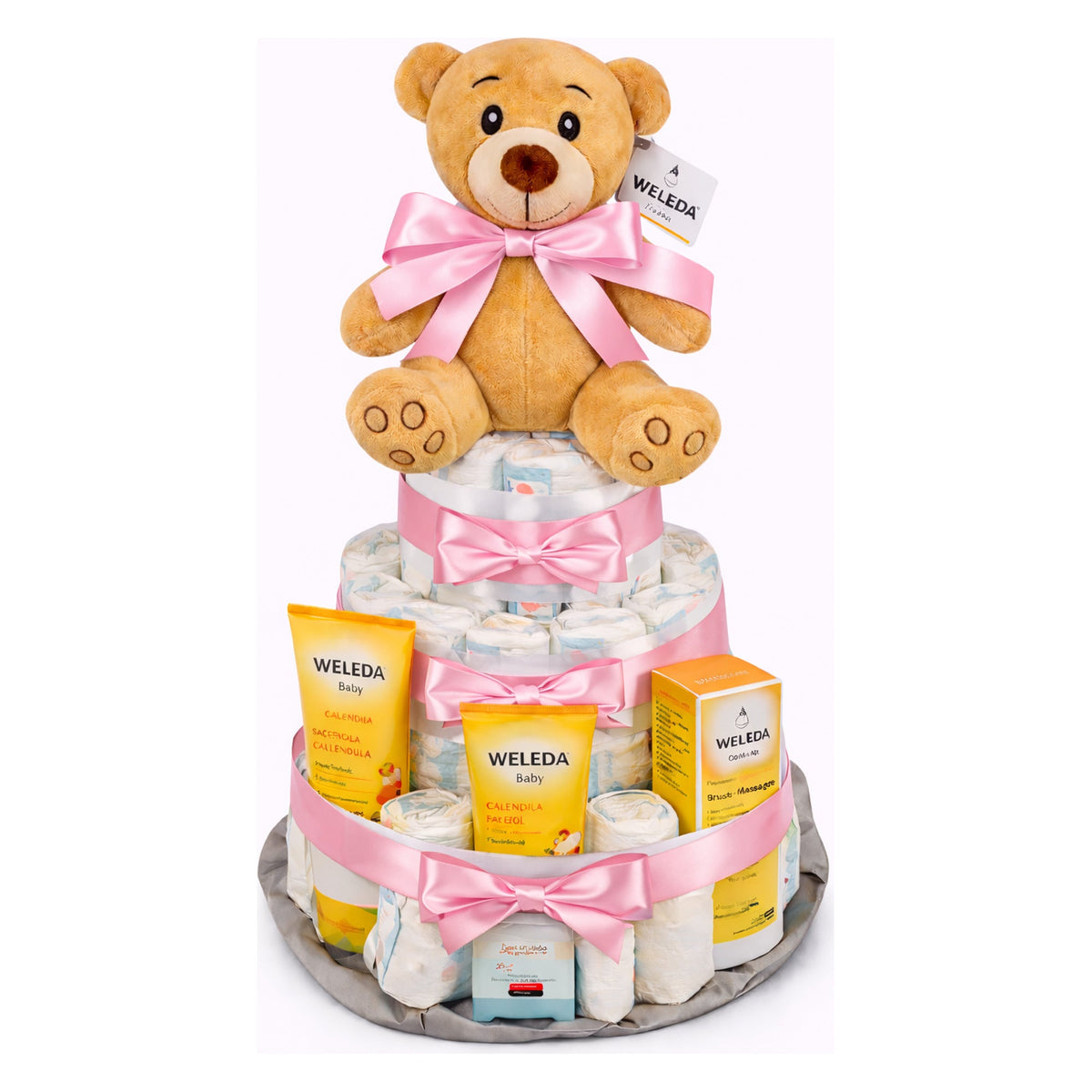 Tarta de pañales Weleda lazo rosa MomentosGourmet