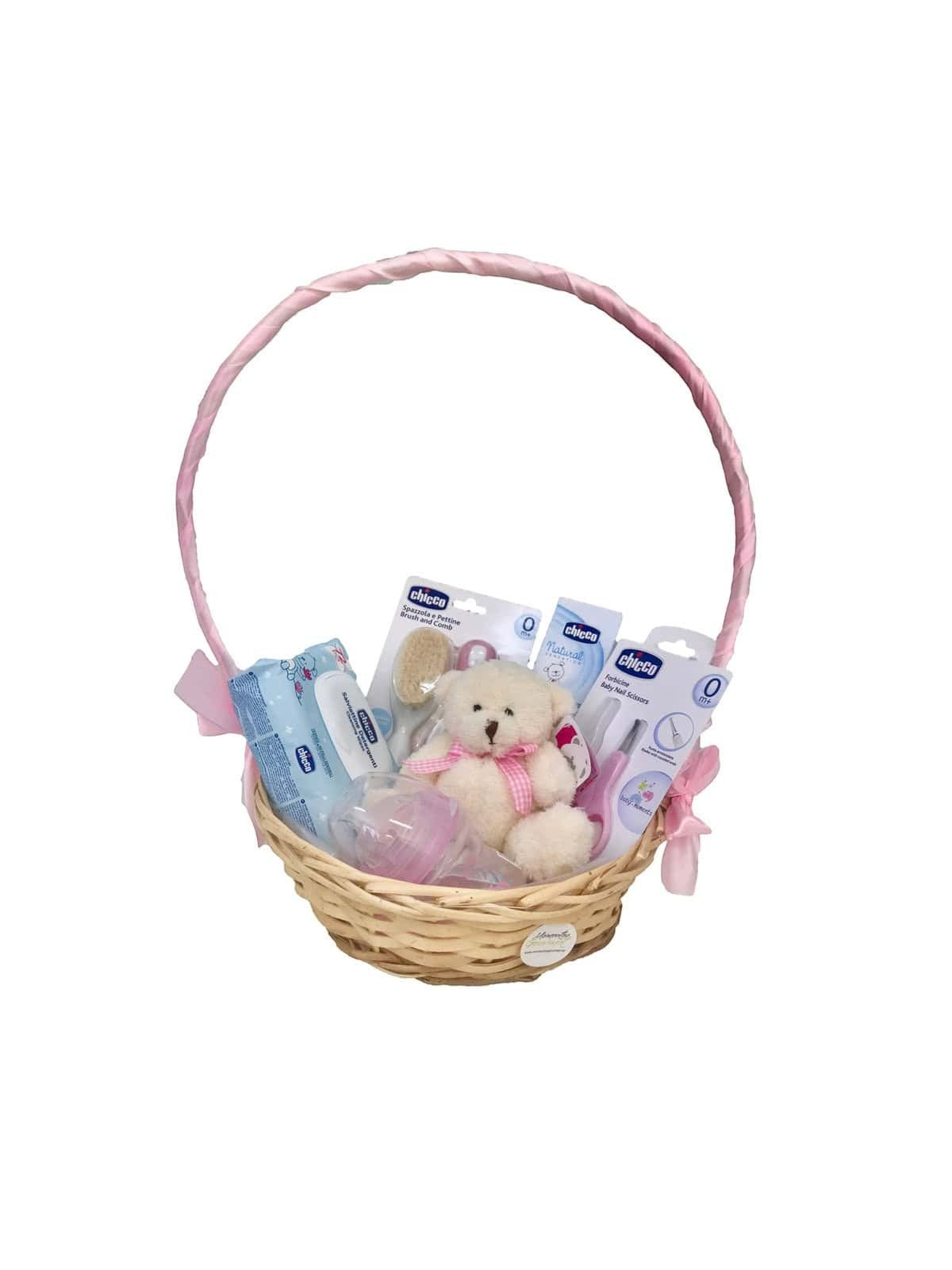 Canastilla de regalo para bebé MomentosGourmet con productos Chicco, peluche, biberón y accesorios en cesta de mimbre