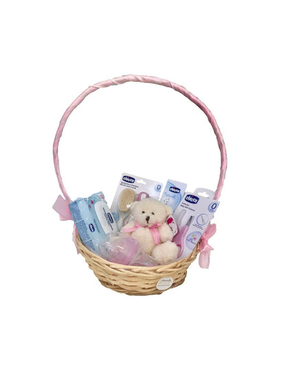 Canastilla de regalo para bebé MomentosGourmet con productos Chicco, peluche, biberón y accesorios en cesta de mimbre