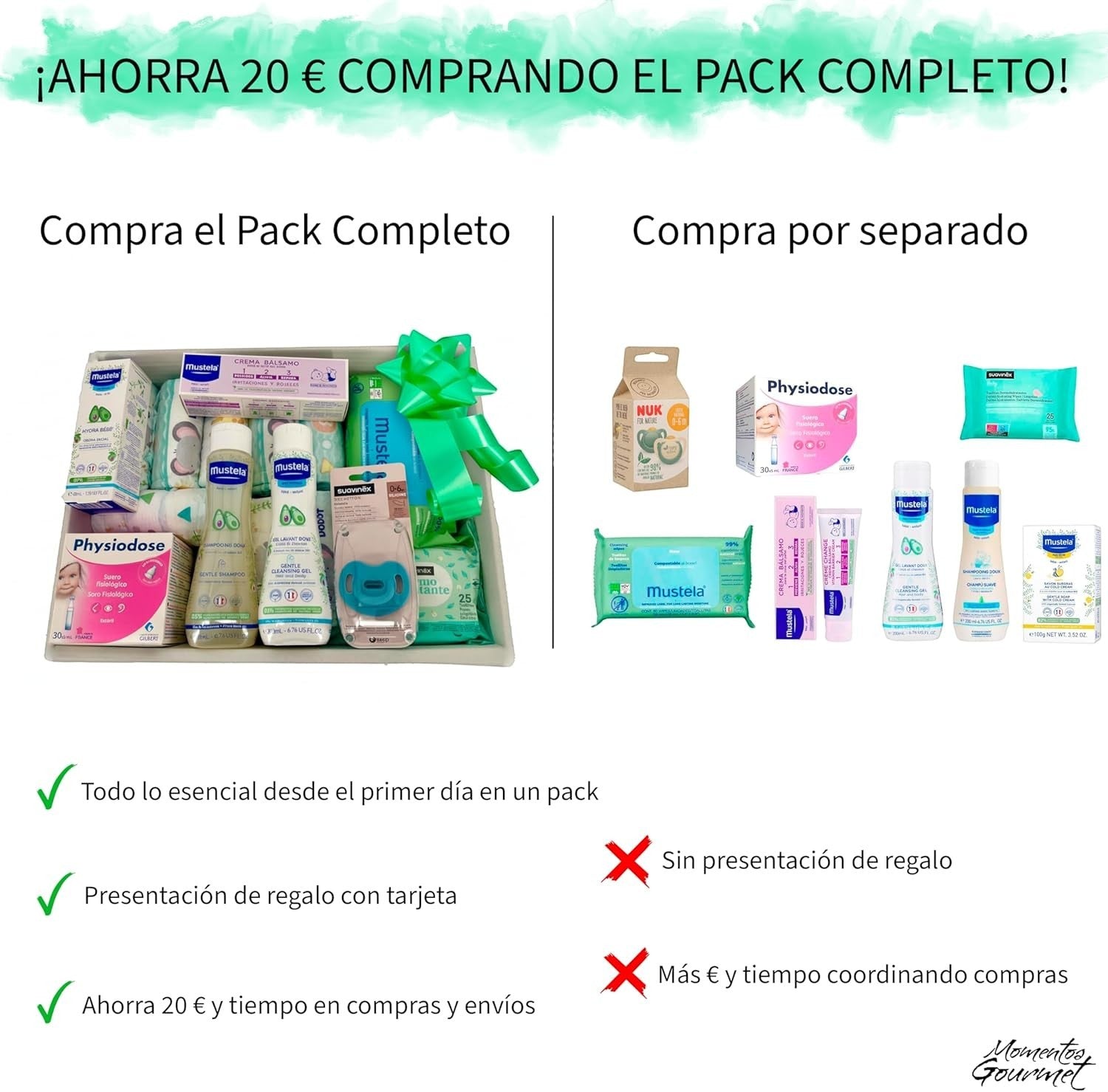 Canastilla de regalo MomentosGourmet para recién nacido con productos de cuidado Mustela y Suavinex en cesta decorada