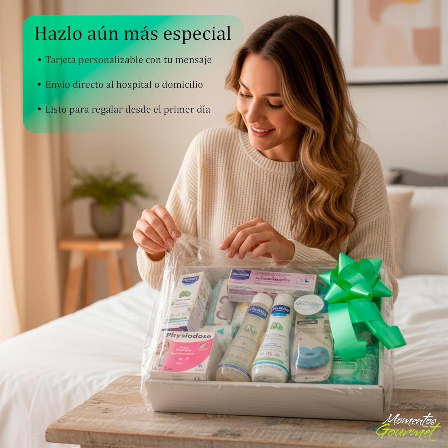 Mujer preparando canastilla de regalo MomentosGourmet con productos Mustela y Suavinex para bebé recién nacido