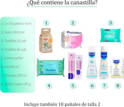 Canastilla de regalo MomentosGourmet para recién nacido con productos de higiene Mustela, Suavinex y Nuk
