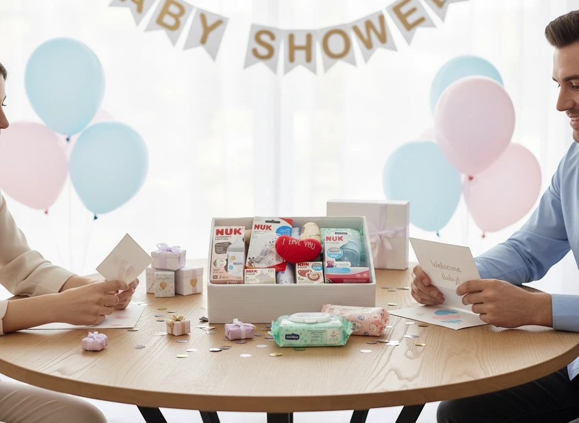 Canastilla de regalo para recién nacido MomentosGourmet con productos NUK, presentada en cesta sobre mesa de madera.